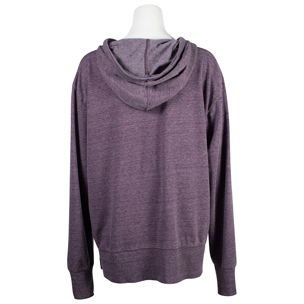 Back view of a purple hoodie.