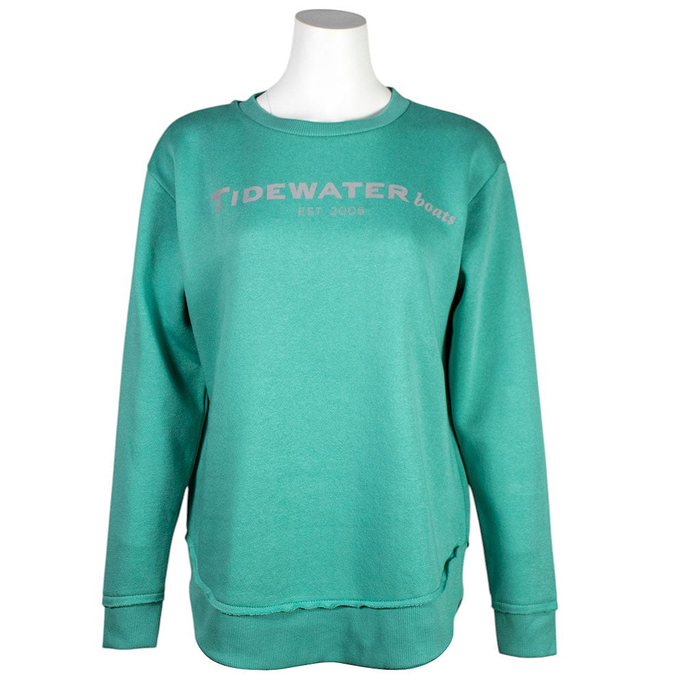 Mint green sweatshirt with 'Tidewater Boats' printed across the chest.