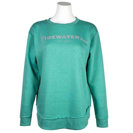 Mint green sweatshirt with 'Tidewater Boats' printed across the chest.