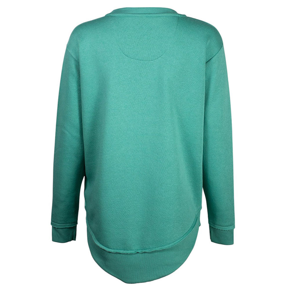 Back view of a teal sweatshirt.