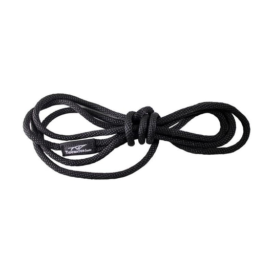 A coiled black rope with a knot and a tidewater patch.