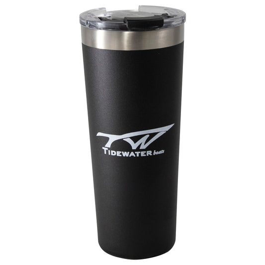 A black tumbler with a stainless steel rim and plastic lid, featuring the Tidewater logo in white on the side.