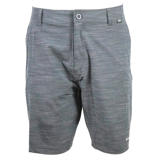 Gray heathered men's shorts with a zipper and button closure