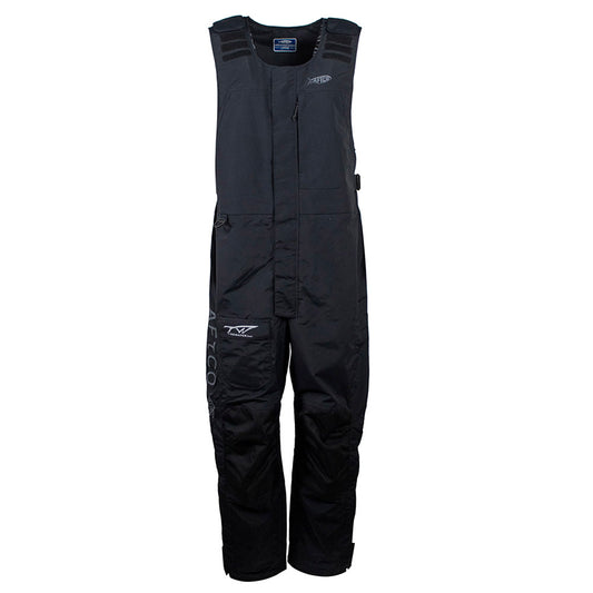 Black waterproof overalls with thick adjustable straps and the tidewater logo in white on the right leg.