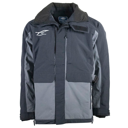 Black and grey outdoor jacket with multiple pockets and a white tidewater logo on the right chest.