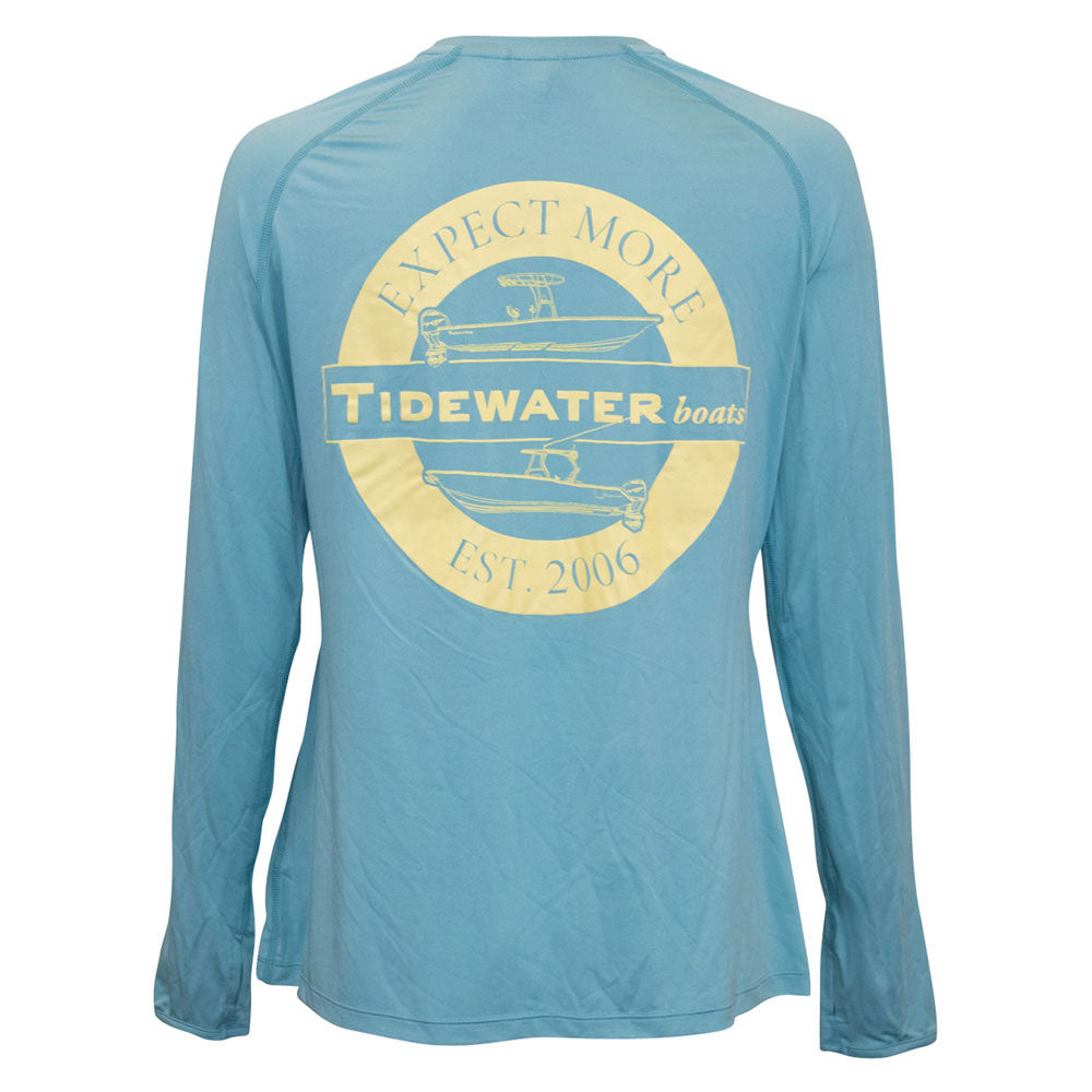 Back of a light blue long-sleeve shirt with a yellow circular Tidewater Boats logo.