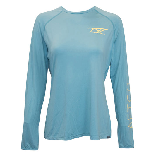 Light blue long-sleeve athletic shirt with a yellow tidewater logo on the left chest.