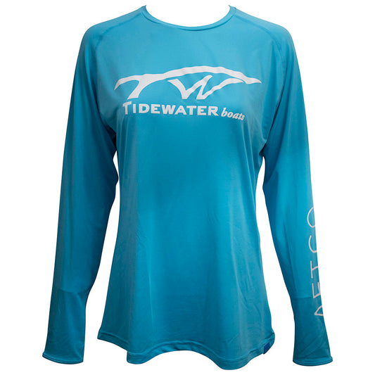 A bright blue long-sleeve shirt with a white 'Tidewater boats' logo across the chest.