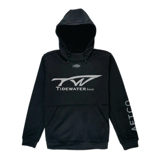 Black hooded sweatshirt with Tidewater Boats logo in grey on the chest.