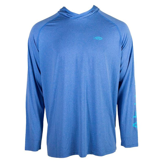 Front of a long-sleeve blue athletic shirt with an aftco logo on the chest.