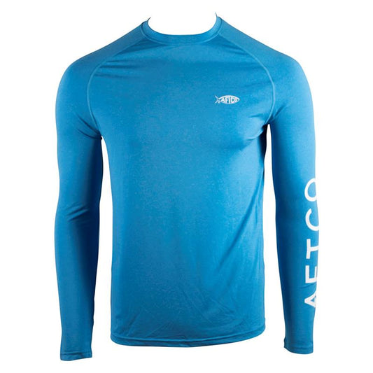 Blue long-sleeve shirt with a white aftco logo on the chest and down the left sleeve.