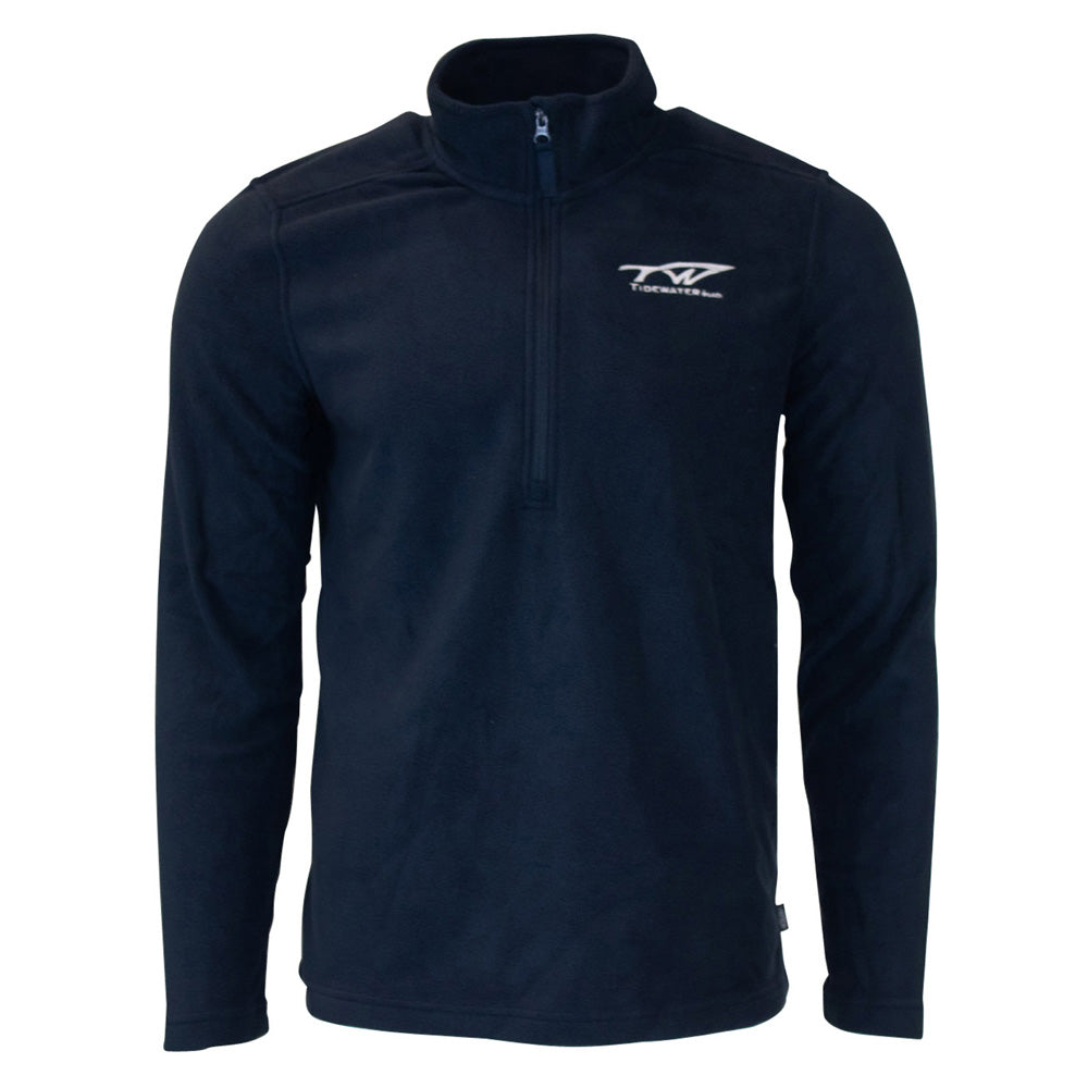 Navy blue fleece pullover with a quarter-zip and a white tidewater logo on the left chest.