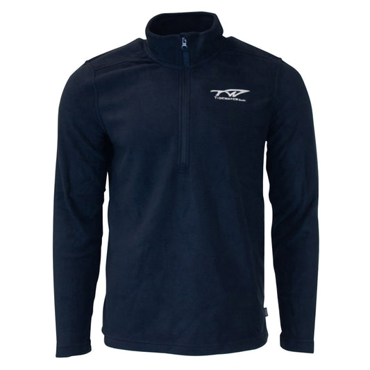Navy blue fleece pullover with a quarter-zip and a white tidewater logo on the left chest.