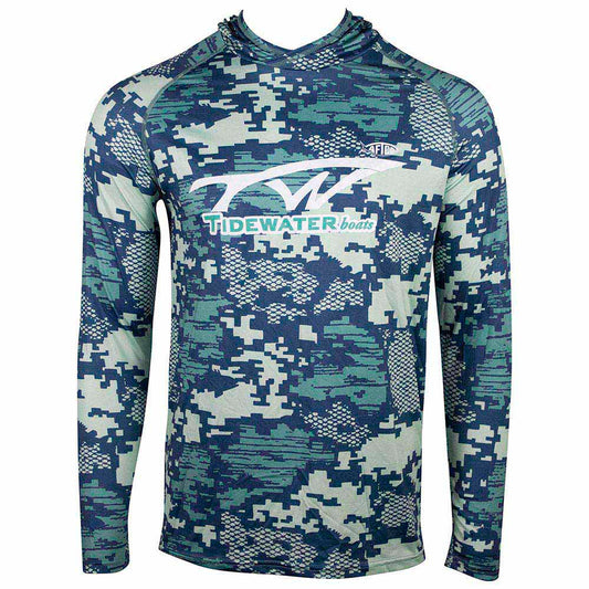 Long-sleeve fishing hoodie with a camouflage pattern in green and blue and a white tidewater logo across the chest.