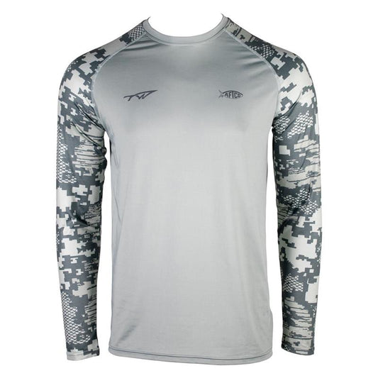 Men's light grey long-sleeve shirt with camo-patterned sleeves and a grey tidewater logo on the right chest.