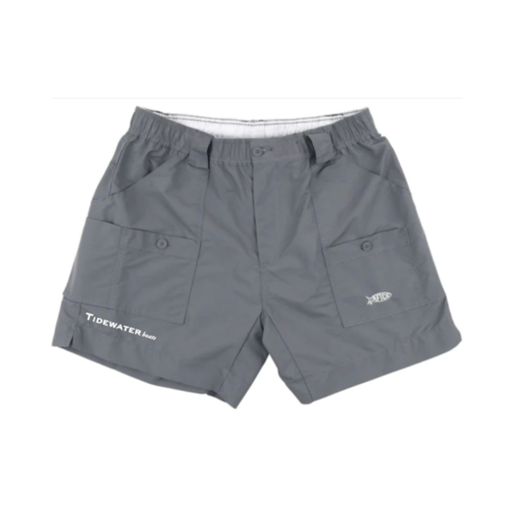 Gray cargo shorts with pockets and the tidewater logo in white on the right leg.