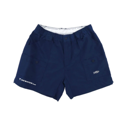 Navy blue shorts with pockets and the tidewater logo in white on the right leg.