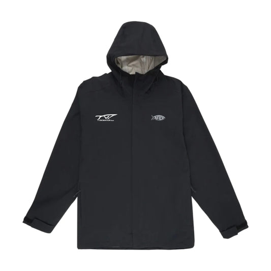 Black hooded jacket with tidewater and aftco chest logos.