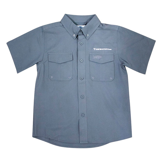 Short-sleeved gray button-up shirt with two chest pockets and a white tidewater logo on the left chest.
