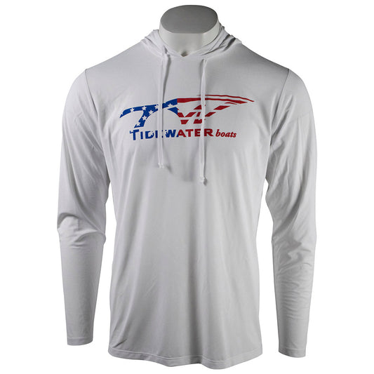 White long-sleeve hooded shirt with an American flag themed Tidewater Boats logo across the chest.