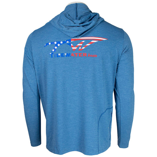 Blue long-sleeve hoodie with a tidewater graphic featuring an American flag theme on the back.