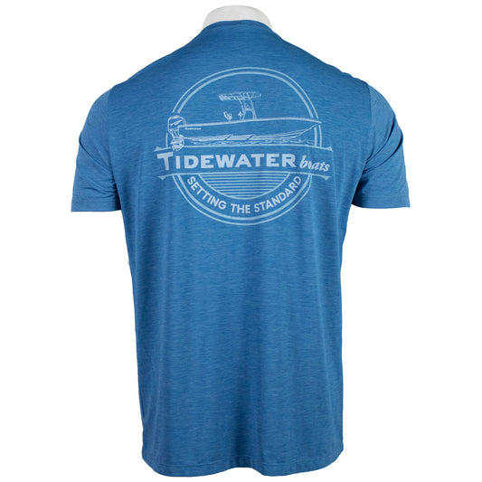 Back of a blue T-shirt featuring the Tidewater Boats logo and tagline in white.