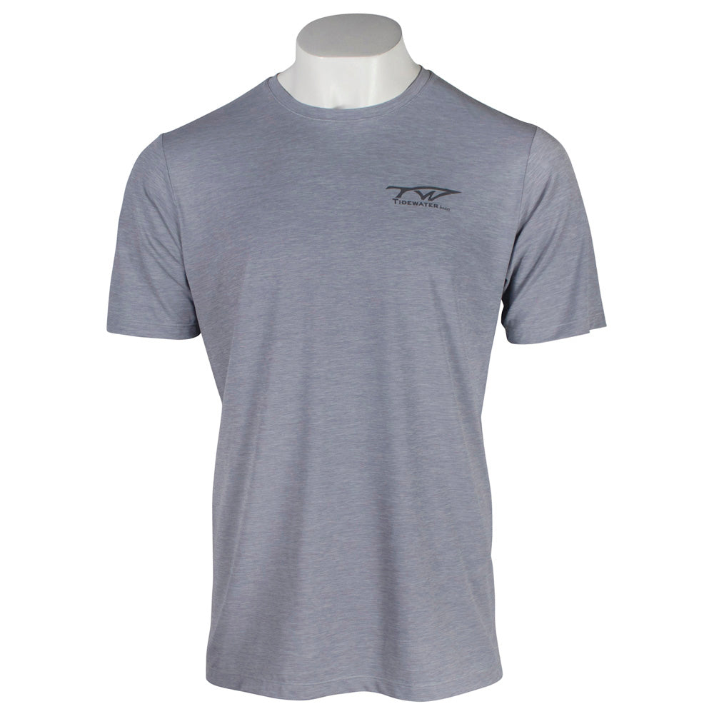 Gray short-sleeve t-shirt with the tidewater logo on the chest.