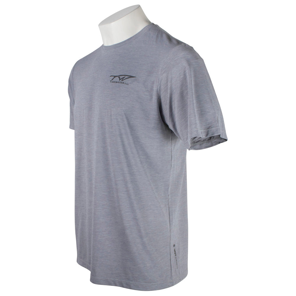 Gray short-sleeve t-shirt with a grey tidewater logo.