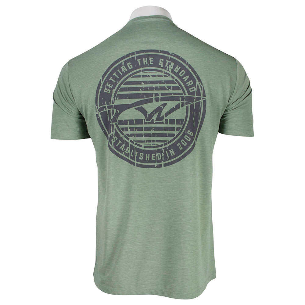 Back view of a green t-shirt featuring a circular tidewater logo.