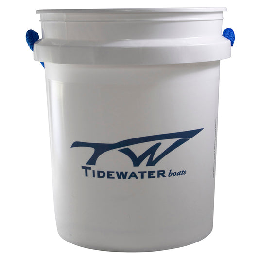 White bucket with blue handles and a navy Tidewater Boats logo.