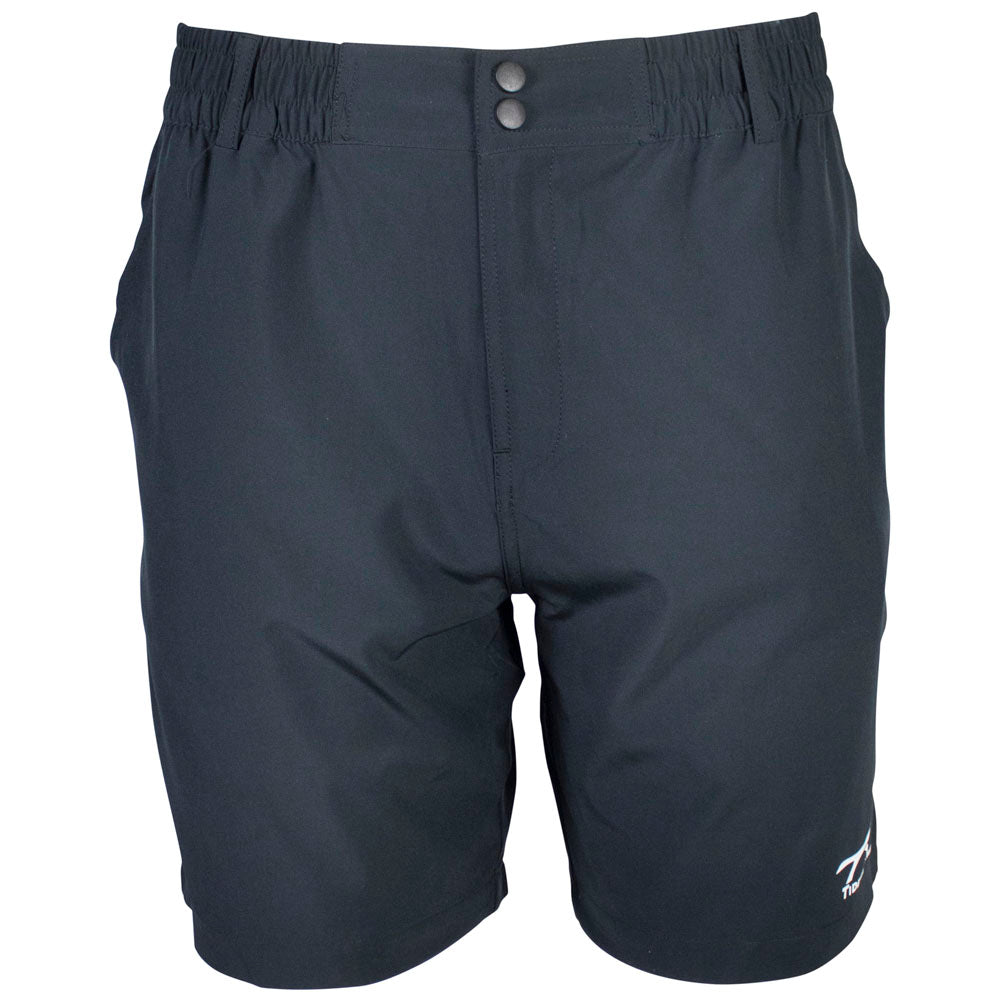 Black athletic shorts with an elastic waistband and button closure