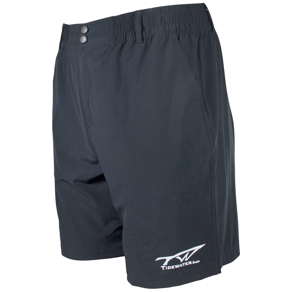 Black shorts with an elastic waistband and white tidewater logo