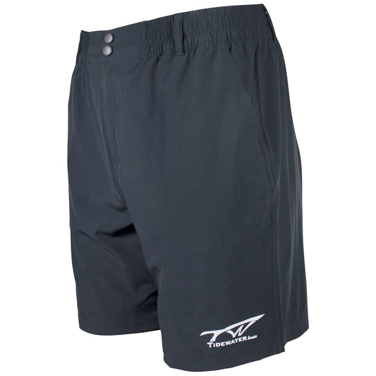 Black shorts with an elastic waistband and white tidewater logo
