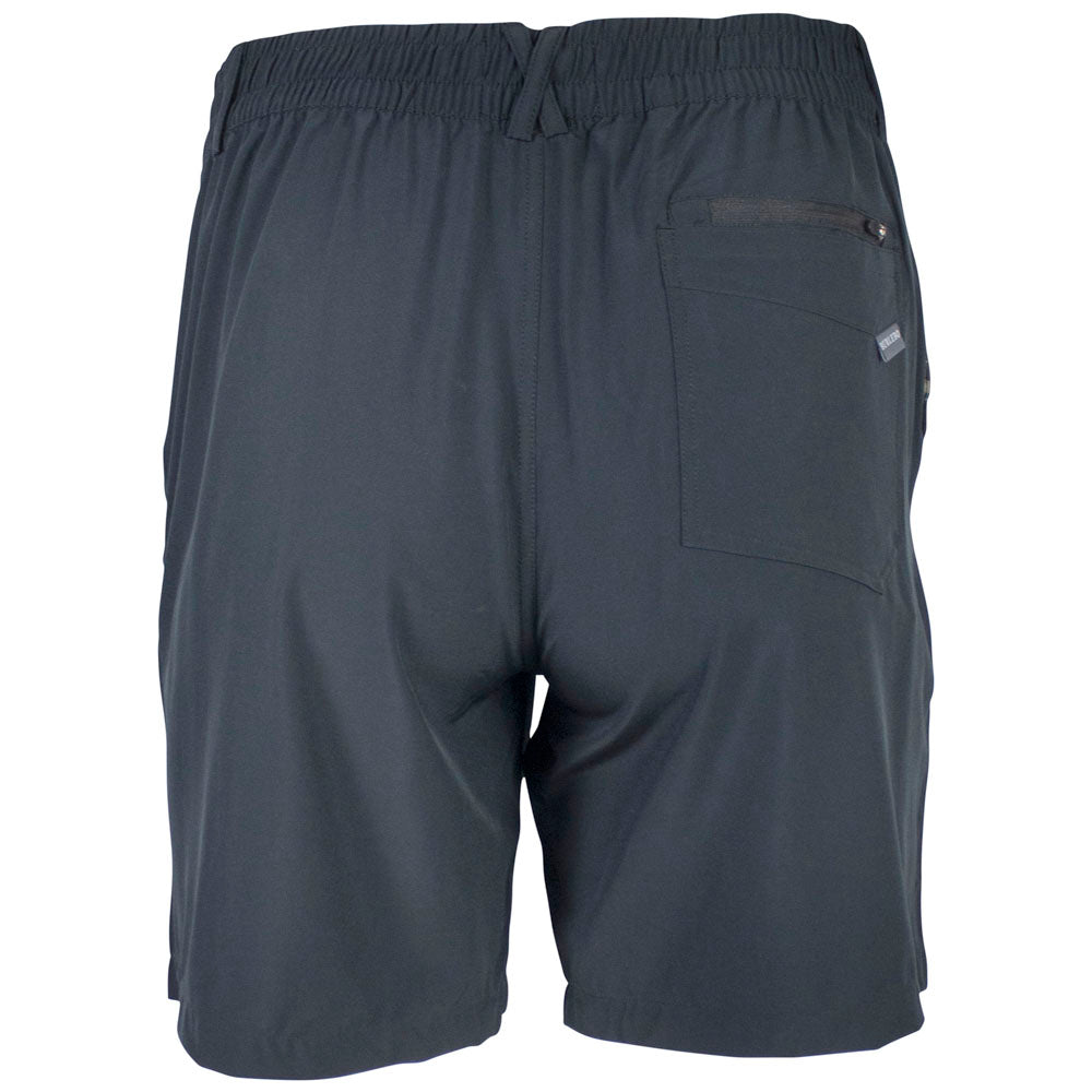 Back view of black shorts with an elastic waistband and a side pocket