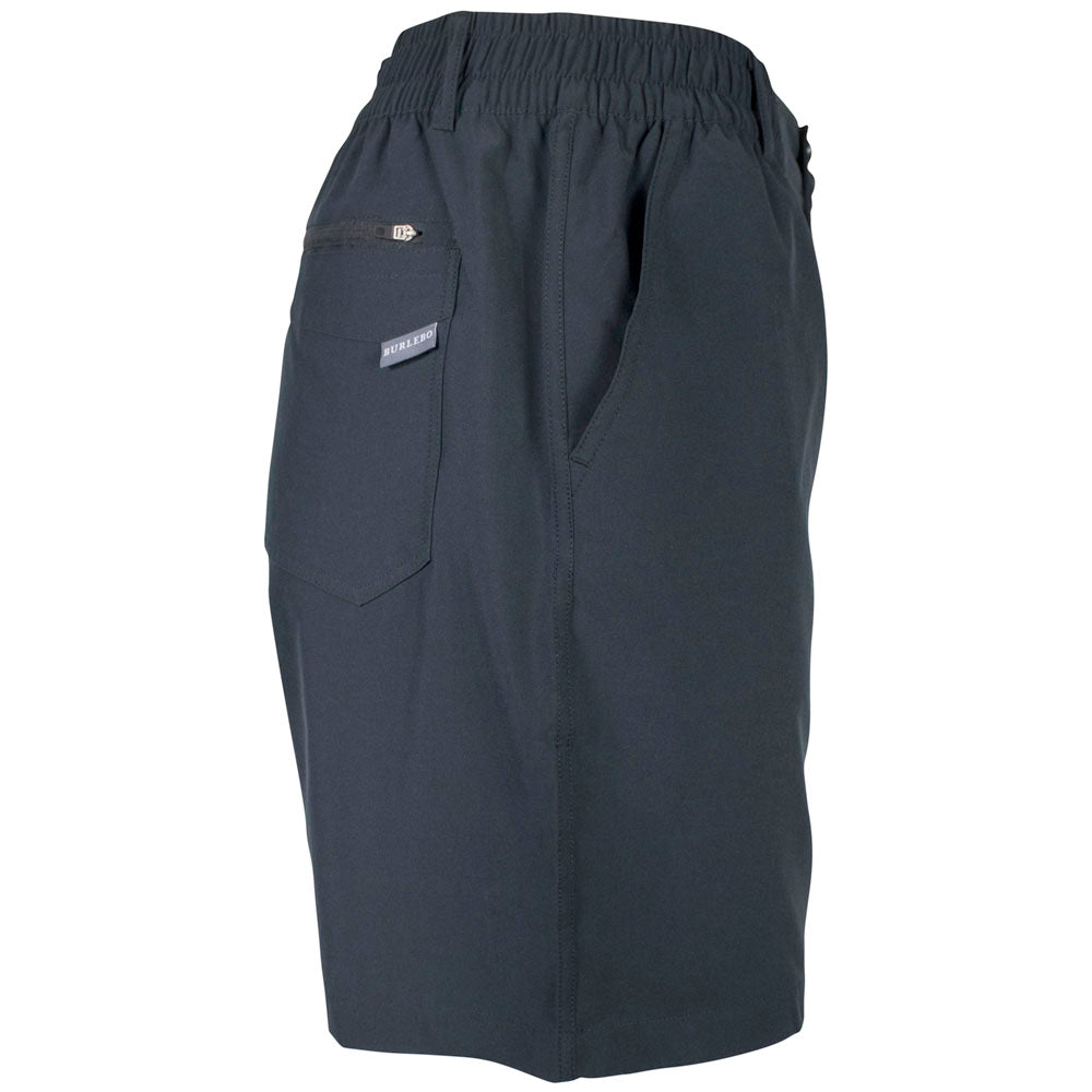 Side view of black cargo shorts with an elastic waistband