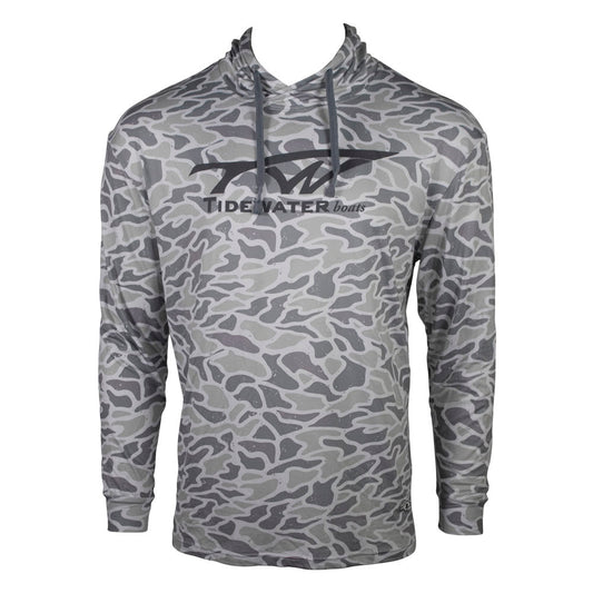 Gray camo long-sleeve hoodie with a grey Tidewater logo across the chest.