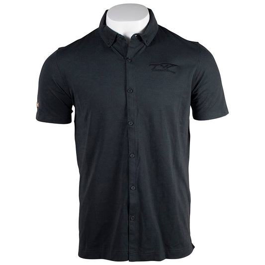 Black short-sleeve button-up shirt with a black tidewater logo on the chest.