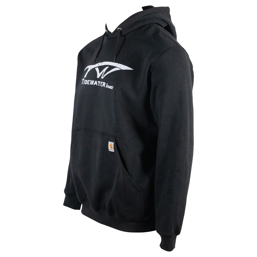 Side of a black carhartt hoodie with a white logo on the chest.