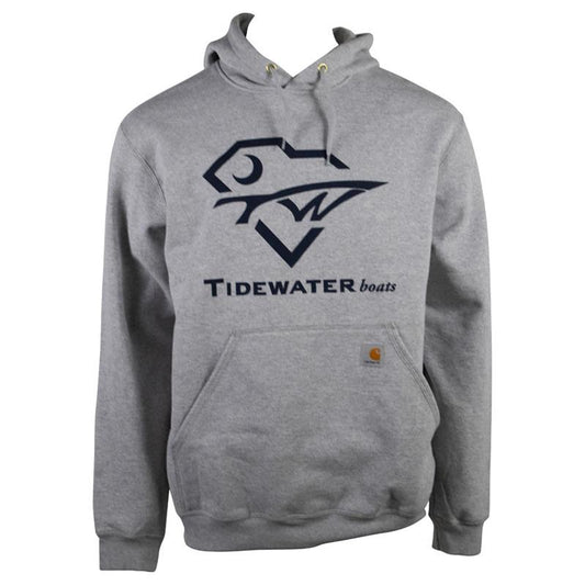 Gray carhartt hoodie featuring the Tidewater Boats logo in black on the front.