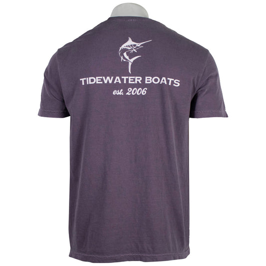 Back view of a purple t-shirt featuring the Tidewater Boats logo and established date in white.