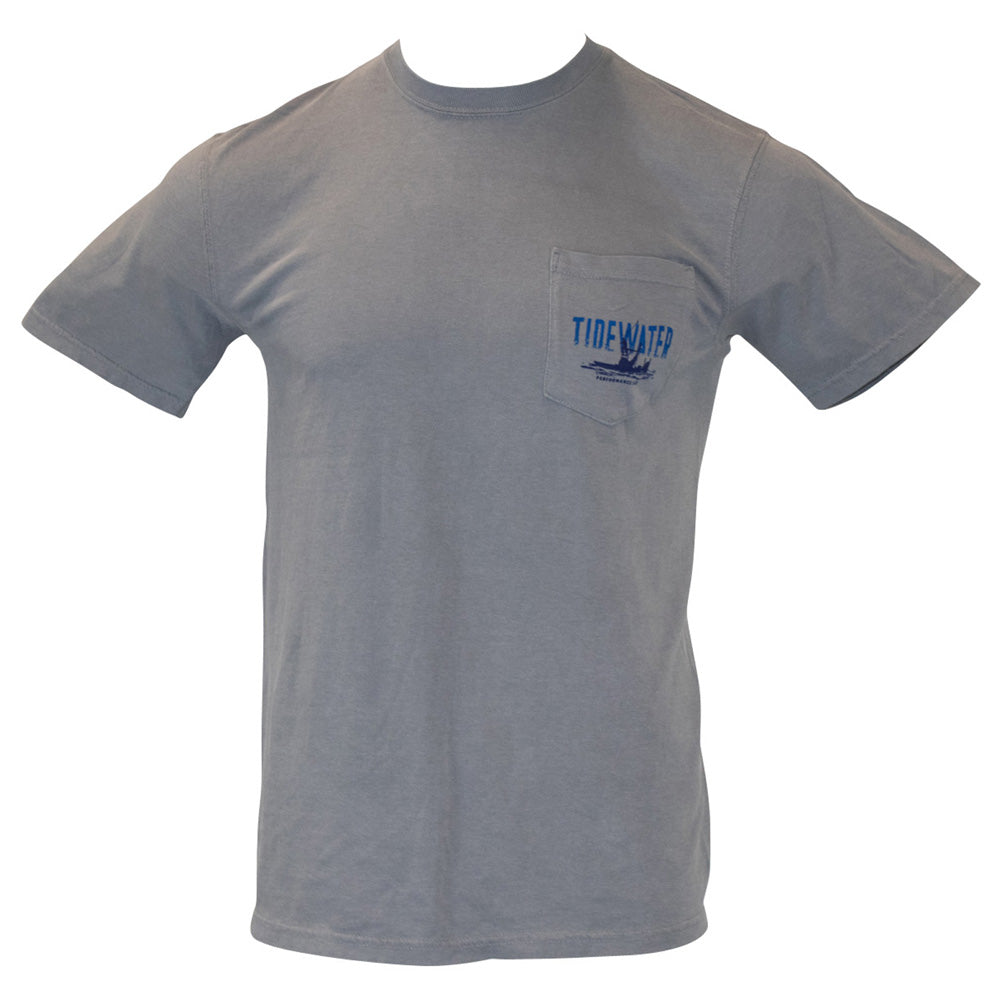 Front of a gray t-shirt with a left chest pocket containing an ocean-themed design with the tidewater logo in blue.