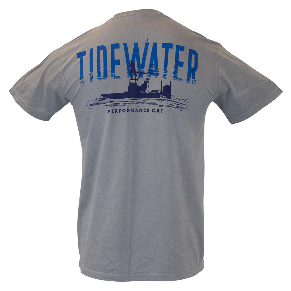 Back of a gray t-shirt featuring the word 'TIDEWATER' in blue and the silhouette of a man on a fishing boat.