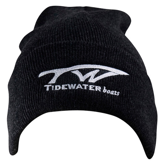 Black beanie hat with the Tidewater Boats logo embroidered in white on the cuff.