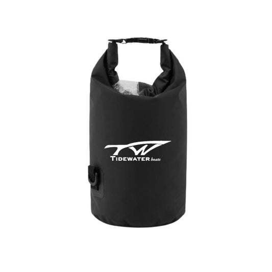 Black waterproof dry bag with a white Tidewater logo.