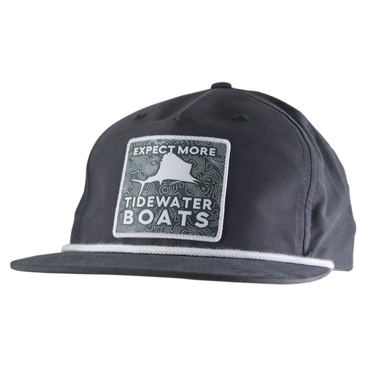 A black cap with a square tidewater patch that reads 'Expect More Tidewater Boats' and a white rope across the bill.