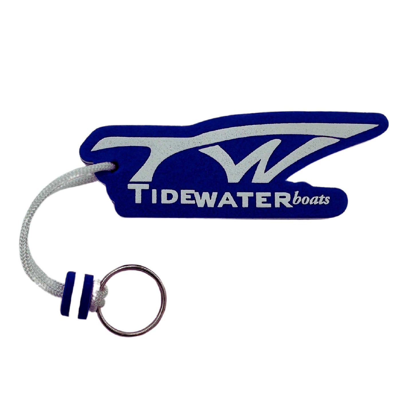 Royal blue tidewater Boats keychain with a white rope and metal key ring.