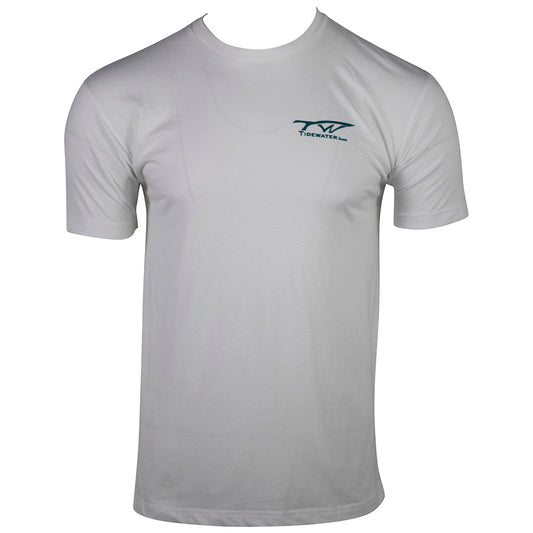 White short-sleeve t-shirt with a teal tidewater logo on the chest.