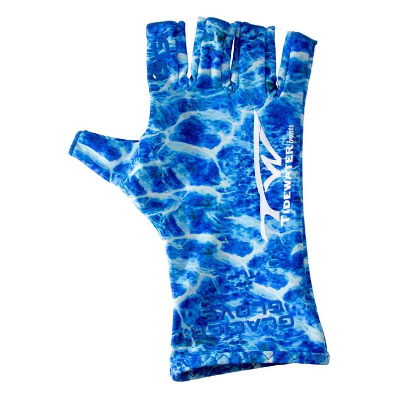A blue patterned sun protection glove with fingerless design.