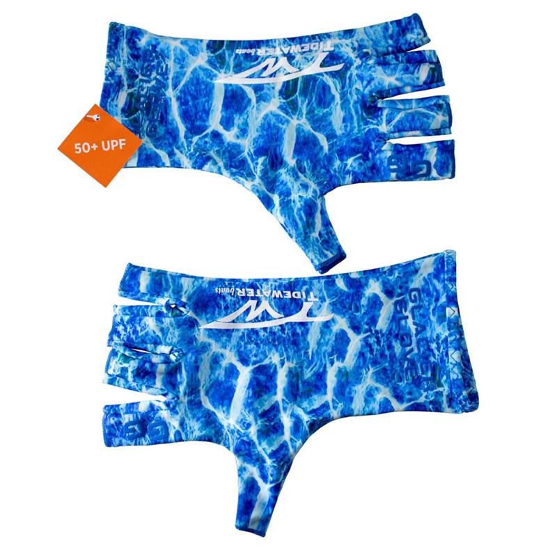 Pair of blue water-patterned fingerless gloves with a UPF 50+ label.