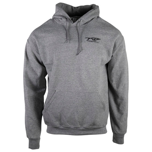 Front of a gray hoodie with a front pocket and black tidewater logo on the chest.